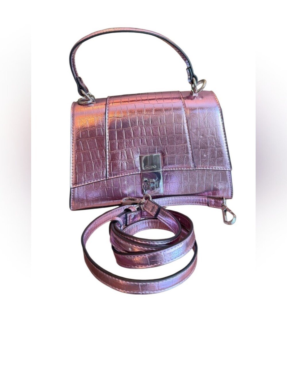 Aldo Metallic Pink Croc-Embossed Mini Top-Handle Bag